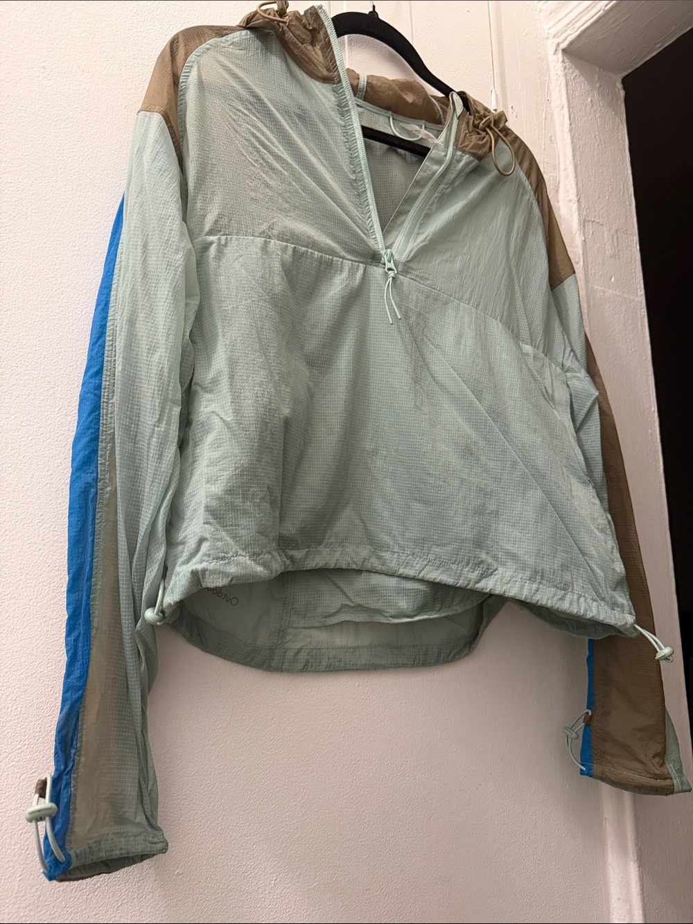 Outdoor Voices Sage Green Hooded Anorak with Tan & Blue Panels